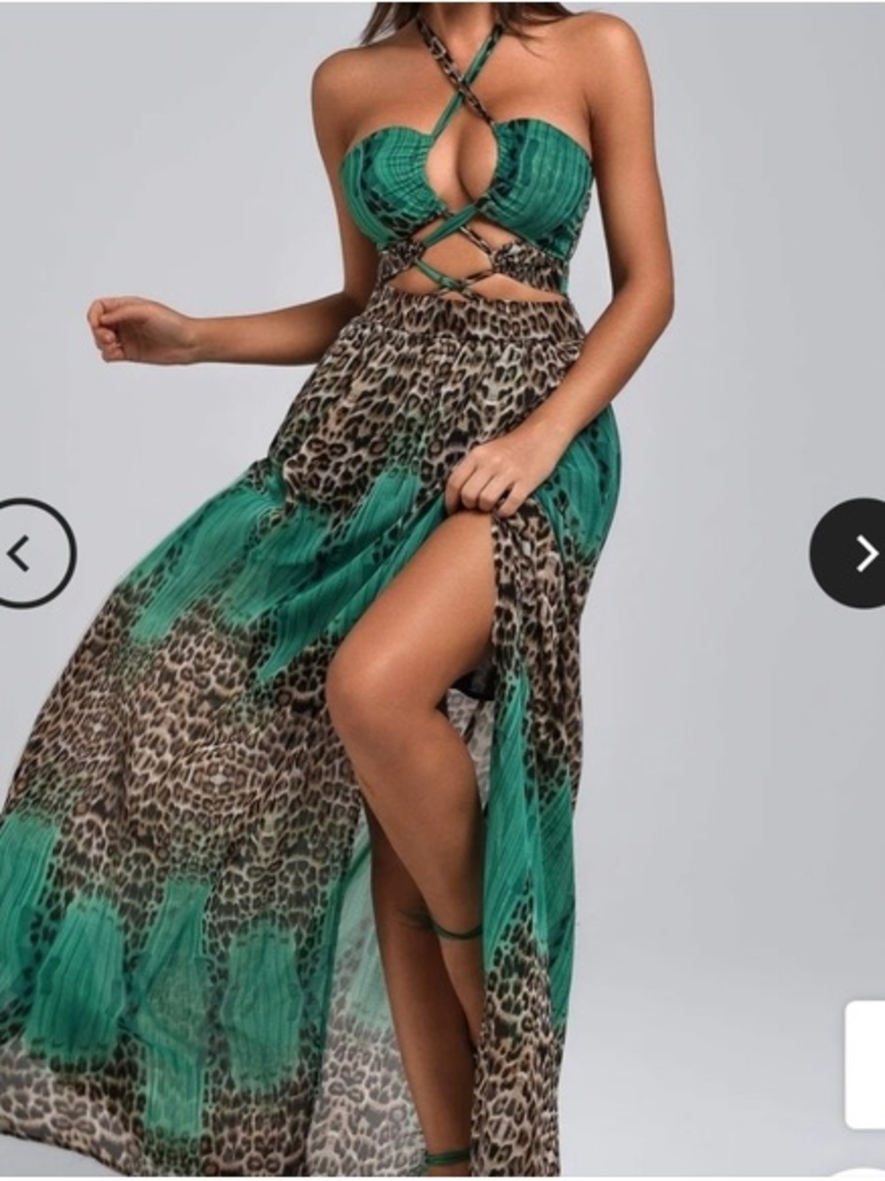 Bella Barnett Leopard Print Green Halter Neck Cut Out A lined Maxi Dress S